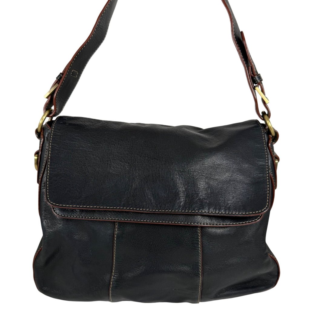 Vtg Etienne Aigner Black Leather Double Flap Fold Top Buckle Straps Shoulder Bag